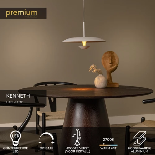 Lucide KENNETH - Hanglamp - Ø 40 cm - LED Dimb. - 1x12W 2700K - Wit | Premium - USP